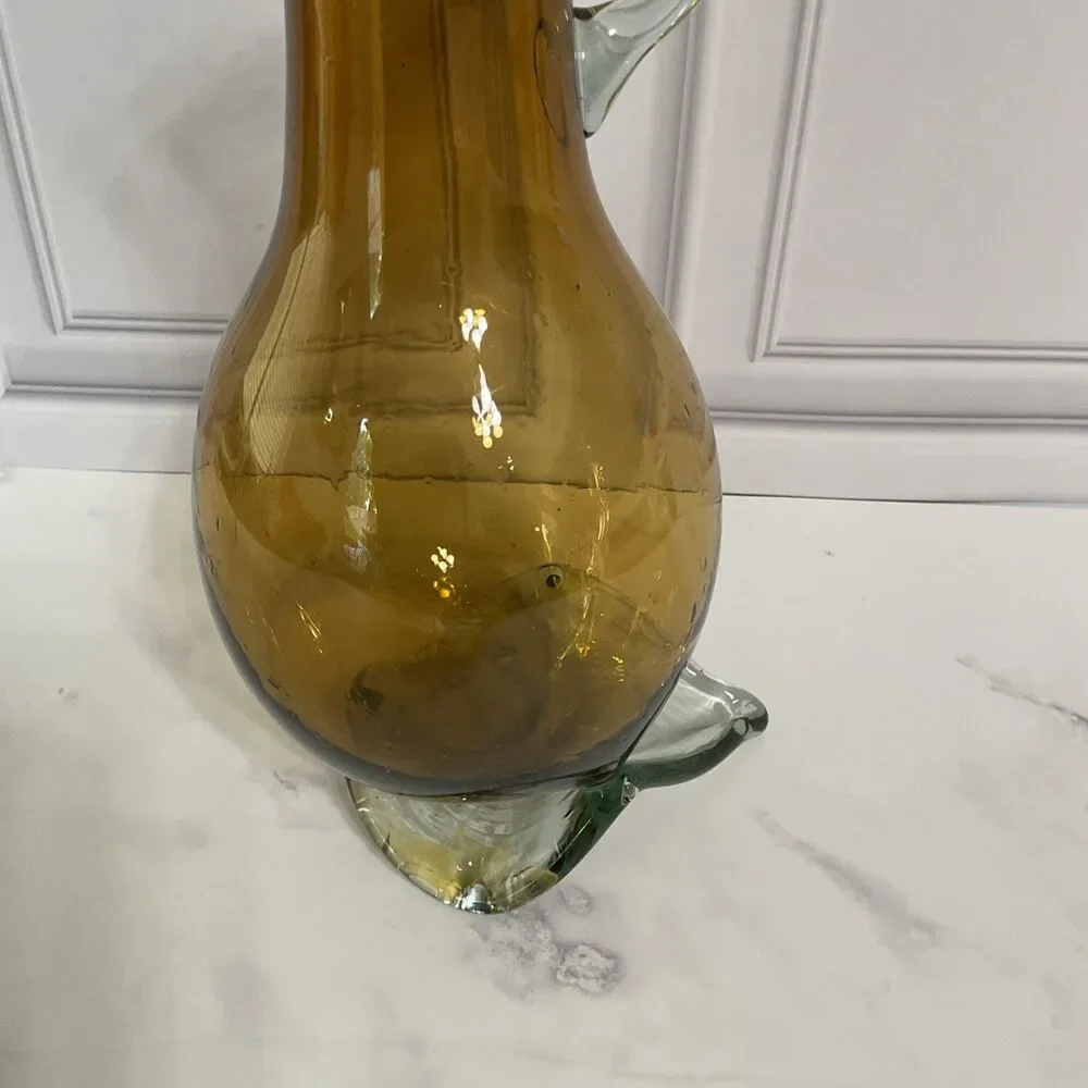 Hand Blown Glass Amber Pitcher with attached Clear Handle 10.5”Tall Clear Base